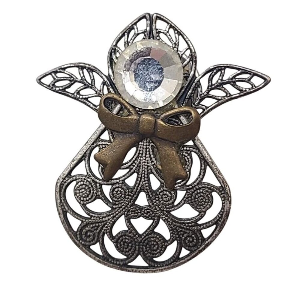 Vintage Angel Filigree Silver Tone Pin with Clear Rhinestone Face and Bow Accent
